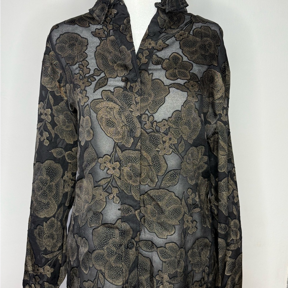 Saint + Sophia Sheer Black/gold Floral Button-Front Blouse - stunning!!